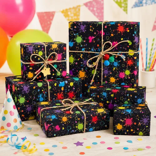 Miniatura 7 de Juego de 12 hojas de papel de regalo de neón brillante, 6 diseños de neón coloridos, envoltura de regalo para temática de luz negra neón brillante