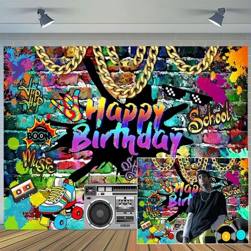 Telón de fondo de cumpleaños de Hip Hop de 5 x 3 pies, tema de los años 80 y 90, graffiti de ladrillo de roca, fondo de fotos retro para fiesta de