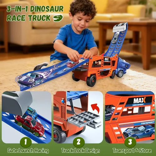 Miniatura 3 de Juguetes de Camión de Dinosaurios para Niños de 3-5 - Camión Transportador con 6 Autos de Juguete Fundidos a Presión, Camión 3 en 1 con 2 Pistas