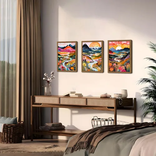 Miniatura 9 de Marco de madera bohemio colorido arte de pared, juego de 3 acuarelas abstractas de paisaje de montaña, pintura para decoración de pared, arte