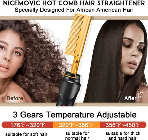 Miniatura 3 de NICEMOVIC Peine Alisador de Cabello con Calentamiento Cerámico - Cepillo de Prensado Caliente para Cabello Natural Negro, Barbas Postizas y Rizado 1