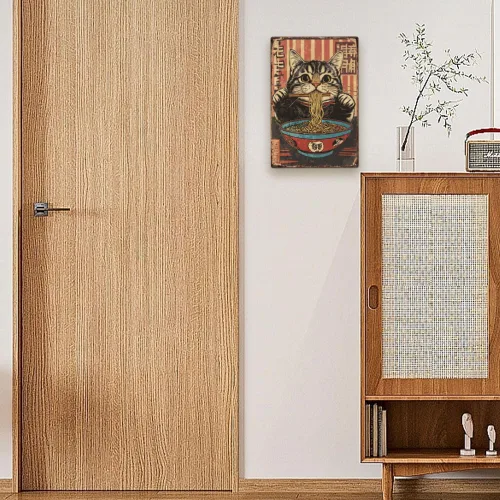 Miniatura 5 de SUPERDANT Cartel de metal retro con diseño de gato que come fideos, letrero decorativo de dibujos animados para el hogar, sala de estar, dormitorio