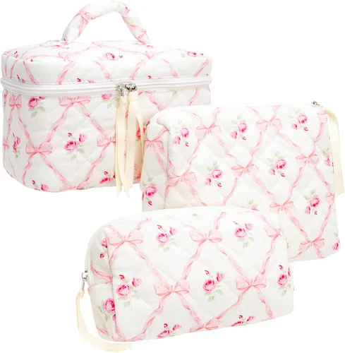 Miniatura 21 de PAZIMIIK - Bolsa de maquillaje de algodón para mujer, grande, acolchada para viaje, Rosa (Bow Pink), Vintage