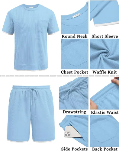 Miniatura 80 de COOFANDY Conjunto de camisa y pantalones cortos de gofre para hombre, conjunto de 2 piezas, conjunto casual de verano con bolsillos
