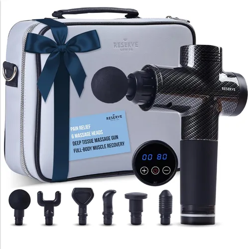 Pistola de masaje de regalo con estuche de transporte, masajeador de espalda de tejido profundo para aliviar el dolor con 6 cabezales de relajación
