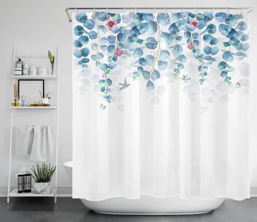 Miniatura 13 de LB Cortina de ducha de hojas verdes azules para baño, hojas botánicas de primavera con flores moradas sobre fondo blanco, acuarela, tela