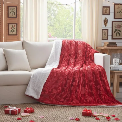 Miniatura 5 de DaDa Bedding Manta de Tiro Romántica de Piel Sintética Roja para San Valentín - Corazones Encantadores Mullidos Felpa Sherpa en el Reverso con Forro