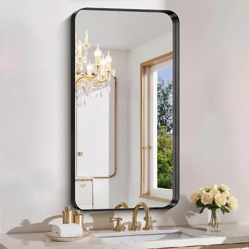 Miniatura 10 de FORBATH Espejo de baño de 30 x 36 pulgadas, espejo de pared de marco profundo negro cepillado con esquinas redondeadas, vidrio templado antióxido