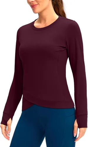 Miniatura 3 de SANTINY Camiseta de compresión atlética de manga larga para mujer, con dobladillo cruzado, para correr, gimnasio, yoga, con agujero para el pulgar
