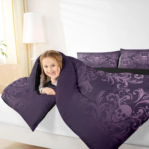 Miniatura 6 de Juego de ropa de cama de damasco violeta salmón para adultos, juego de edredón barroco victoriano antiguo, tamaño Queen, edredón floral gótico Multi
