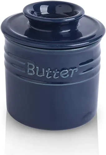 KOOV Mantequilla de porcelana, plato de mantequilla francesa, manteca de cerámica para mostrador, gran capacidad, elegante colección azul (Aegean)