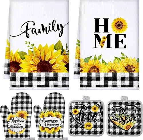 Leinuosen Juego de 6 toallas de cocina con girasoles a cuadros, decoración y accesorios, juego de guantes de horno y soportes para macetas, paños