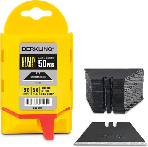 Miniatura 11 de Berkling - Cuchillas para cuchillo utilitario con revestimiento de titanio, 50 unidades con dispensador, SK2H afiladas con láser endurecidas, ultra