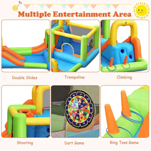 Miniatura 4 de OLAKIDS Tobogán acuático inflable, casa de rebote 7 en 1 con 2 toboganes de escalada de pared, piscina con 2 columnas de anillo, pistola de agua