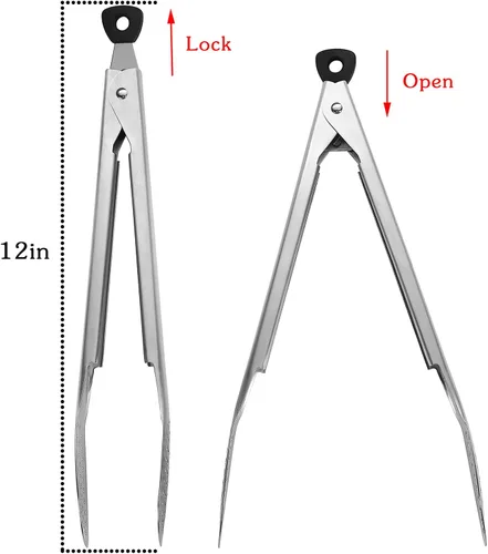 Miniatura 2 de DEVICO Pinzas de cocina para cocinar, pinzas de acero inoxidable 18/8, 2 pinzas de metal de bloqueo de 12 pulgadas para barbacoa/parrilla/bufé