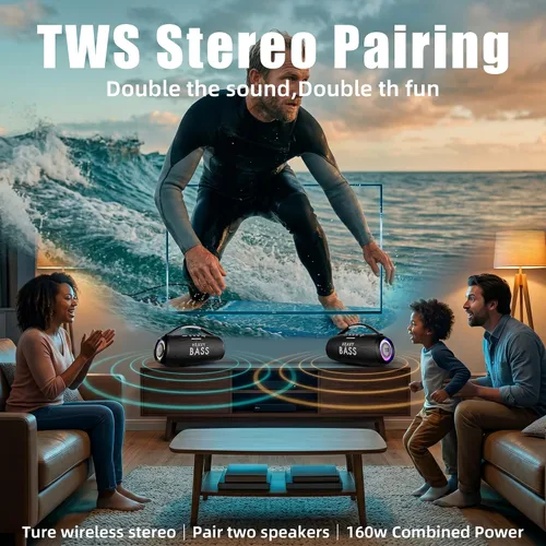 Miniatura 7 de Altavoces Bluetooth inalámbricos, altavoz portátil de 80 W máximo con graves profundos, tiempo de reproducción de 20 horas, IPX6 impermeable, doble