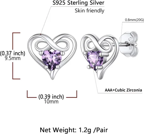 Miniatura 5 de SILVERCUTE Aretes de corazón infinito con piedra natal para mujer, plata de ley 925, joyería de moda, regalo de San Valentín, aniversario