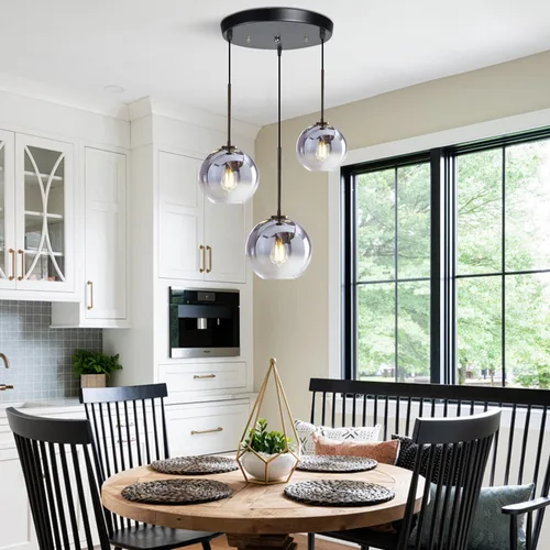 Miniatura 4 de KCO Iluminación Moderna Lámpara Colgante de 3 Luces con Globo de Vidrio Gradiente en Plata, Luminaria de Techo con Cordón Ajustable, Candelabro