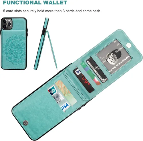 Miniatura 3 de Vaburs Funda para iPhone 11 Pro Max con tarjetero y cartera, diseño de mandala en relieve, piel sintética, 5 ranuras para tarjetas, soporte a prueba