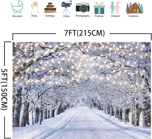 Miniatura 6 de Telón de Fondo Fotográfico de Escena Invernal de 7x5 Pies País de las Maravillas Copo de Nieve Brillo Nieve Paisaje Árbol Decoración Navidad Fiesta