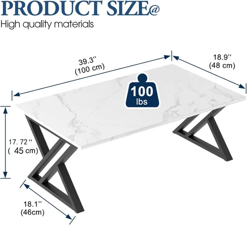 Miniatura 3 de Wolawu Mesa de Café Blanca para Sala de Estar, Mesa Central, Mesa de Té Rectangular Moderna y Simple de Falso Mármol con Estructura de Metal Negro