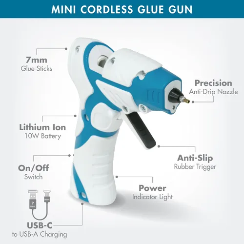 Miniatura 3 de Mini pistola de pegamento caliente inalámbrica Boquilla de precisión antigoteo con luz de guía LED USB-C recargable azul/blanco