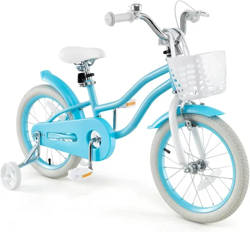 Miniatura 11 de HONEY JOY Bicicleta para niños de 12, 14, 16, 18, 20 pulgadas, con ruedas de entrenamiento, freno de mano y freno de posavasos, cadena totalmente