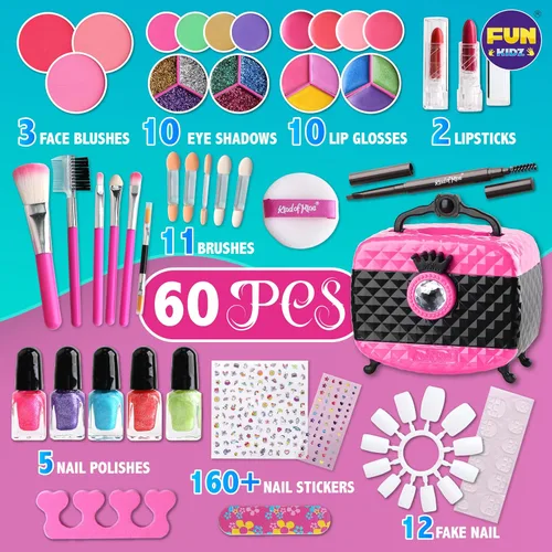 Miniatura 9 de Kit de maquillaje de 60 piezas para niñas de 6 a 12 años, FunKidz Juego de cosméticos para niños con tres capas, caja de maquillaje plegable