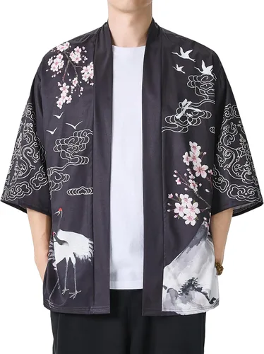 Miniatura 25 de PRIJOUHE Chaqueta Kimono Ligera para Hombre de Manga Tres Cuartos con Frente Abierto Cárdigan Estilo Japonés