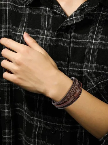 Miniatura 3 de Pulseras de cuero para hombre, pulseras de cuero trenzado multicapa con cierre magnético, pulsera ajustable para niños