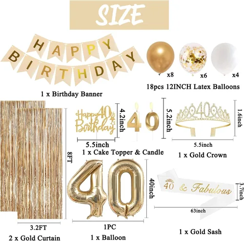 Miniatura 2 de Trgowaul Decoraciones de cumpleaños número 40 para mujer, pancarta, banda y corona, decoración de pastel, globo de número 40, cortinas de flecos