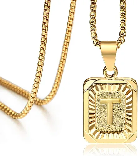 Hermah - Collar chapado en oro con colgante de letra mayúscula cuadrada para hombre y mujer, cadena de acero de 45.7 a 55.8 cm
