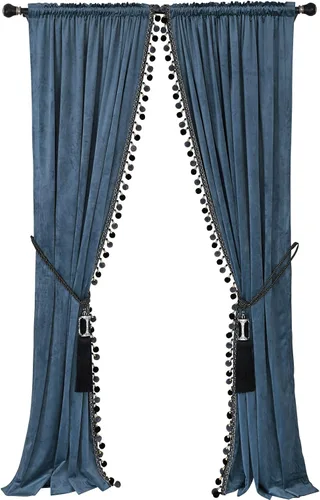 Miniatura 11 de Cortina Helen de lujo con pompones para sala de estar de terciopelo opaco, juego de 2 paneles Negro