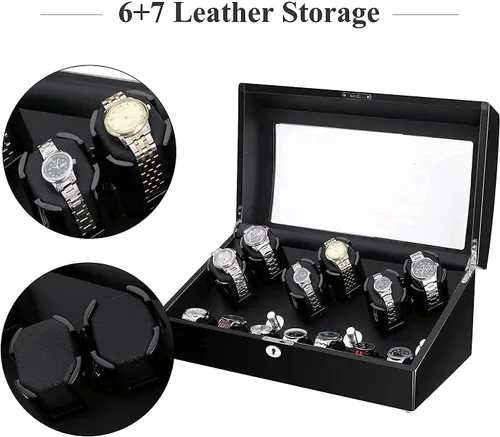 Miniatura 7 de Watch Winder, 6 Watch Winder Box with 7 Extra Storage, Black Wooden Shell, Watch Winder Display Case with Quiet Motor and Flexible Watch Pillows