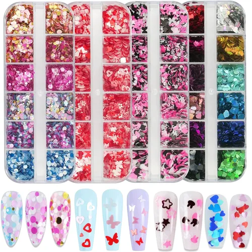Miniatura 9 de AddFavor Kit de 4 cajas de lentejuelas con purpurina para uñas, formas mixtas, mariposa holográfica, flor, corazón redondo, copos de arte de uñas