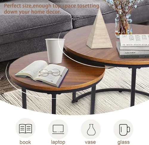 Miniatura 5 de aboxoo Mesa auxiliar redonda anidable, juego de 2 mesas auxiliares, marco de metal resistente, centro de mesa, sala de estar, dormitorio, Negro