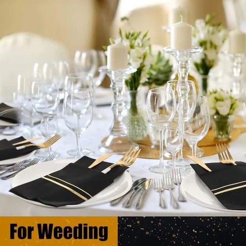 Miniatura 7 de Roshtia Paquete de 50 servilletas desechables de lino con bolsillo integrado para cubiertos con ribete dorado, papel preplegado para bodas