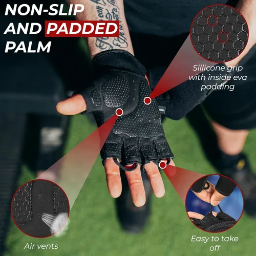 Miniatura 4 de BEAST RAGE Guantes de entrenamiento para hombres, guantes de gimnasio duraderos con agarre de palma para mujeres, medio dedo, elástico, Negro