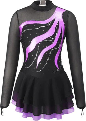 Miniatura 14 de Loyan Vestido de patinaje artístico brillante para niñas y niñas, de malla, de manga larga, patinaje sobre ruedas, competición de baile