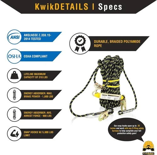 Miniatura 3 de KwikSafety - Charlotte, NC - TSUNAMI [Cuerda trenzada premium] Línea de vida vertical ANSI OSHA Agarre de cuerda con mosquetón amortiguador de 1