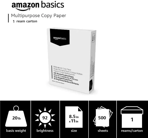 Miniatura 3 de Amazon Basics - Papel para impresora multiusos, 20 libras, 8.5 x 11 pulgadas, 1 resma (500 hojas), blanco, luminosidad 92 GE