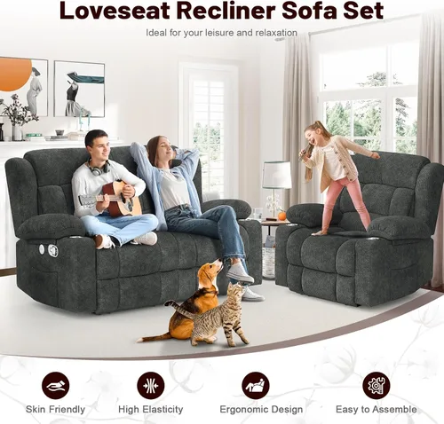 Miniatura 5 de Juego de Sofá Reclinable de Dos Plazas con 2+1 Piezas, Sillón Reclinable Minimalista de 2 Plazas con Pestaña de Tirón Manual, Tela con Puertos