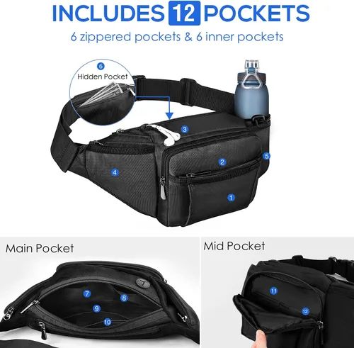 Miniatura 5 de NOOLA Riñonera de Cintura para Hombres Mujeres, Bolsa de Cintura Ligera con Soporte para Botella de Agua, Bolsa de Cintura Ajustable con Múltiples
