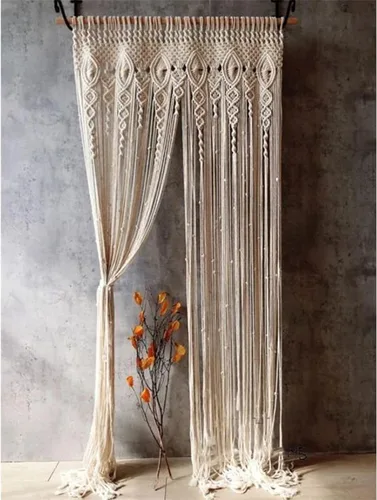 Miniatura 6 de Foreate Cortinas de macramé largas de algodón para colgar en la pared, cortina bohemia con cuentas para ventana, puerta, telón de fondo de boda