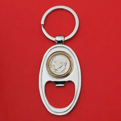 US 1973 Roosevelt Dime 10 Cent Gem BU Uncirculated Coin Gold Silver Two Tone Key Chain Ring Bottle Opener NEW