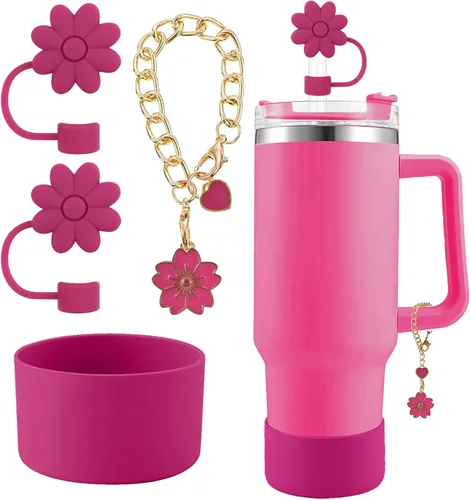 Miniatura 17 de Accesorios para juego de tazas Stanley, 2 tapas de paja de flores reutilizables de 0.394 pulgadas (0.394 in), 1 dije de mango lindo y 1 funda