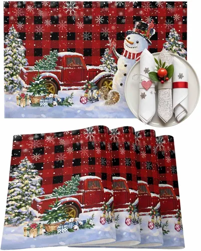 Miniatura 15 de Juego de 4 manteles individuales de árbol de Navidad, mantel rojo para decoración de mesa de comedor, manteles lavables de lino de algodón a cuadros