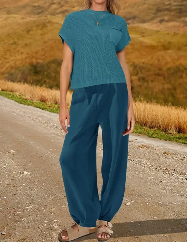 Miniatura 3 de ZESICA Women's 2 Piece Outfits Sweater Set Short Sleeve Mock Neck Knit Pullover Top High Waist Pant Tracksuit Lounge Sets