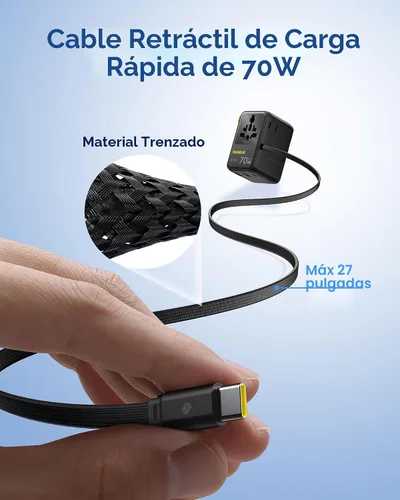 Miniatura 3 de Baseus Adaptador de viaje universal de 70 W, adaptador de enchufe internacional 6 en 1 con cable retráctil, cargador de pared USB-C PD de carga Negro