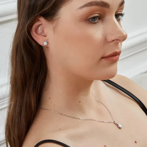 Miniatura 5 de Pendientes de tuerca chapados en oro blanco con ópalo de flores hipoalergénicos, regalo de joyería para mujer, Latón Gema, Piedra natal de ópalo
